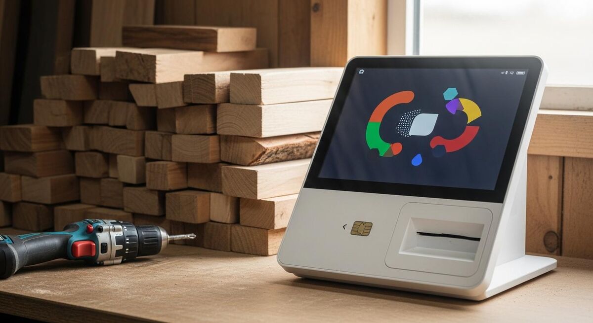 BBPOS WisePOS E countertop card reader on a workshop counter showing a contactless payment screen