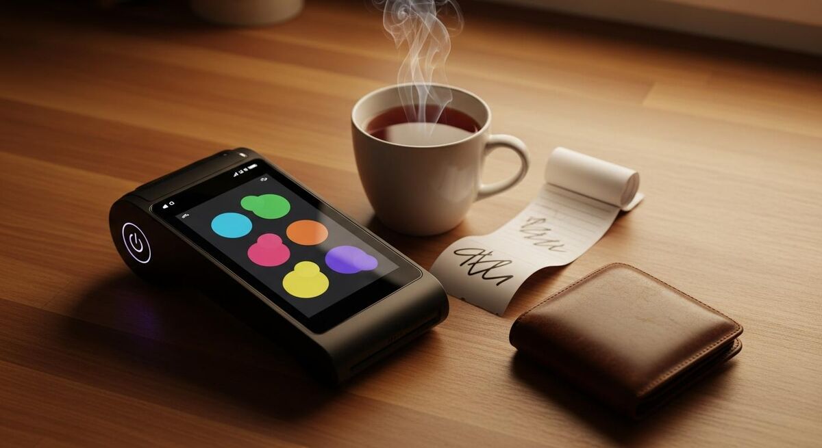 SumUp Solo card reader sitting on a customer kitchen worktop showing the touchscreen ready to accept a payment