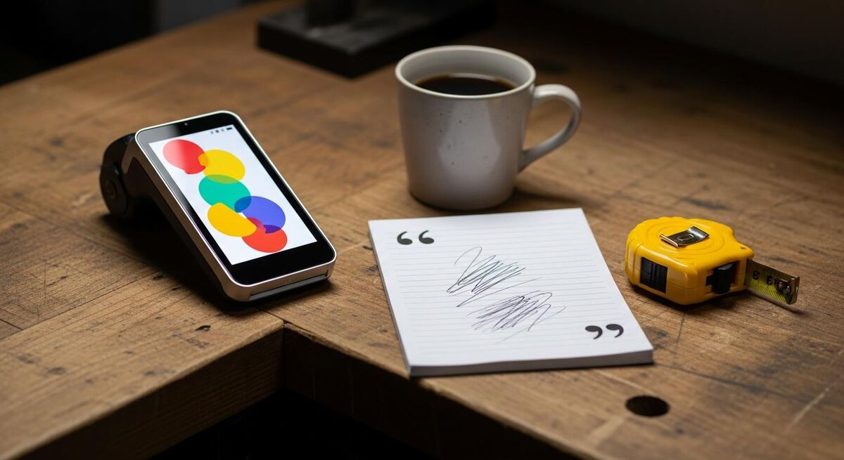 Zettle Reader 2 sitting on a workbench beside a quote pad and a coffee cup