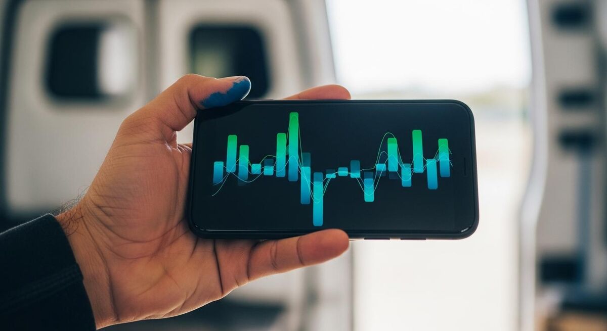 Hand holding a smartphone showing an abstract financial dashboard in a work van