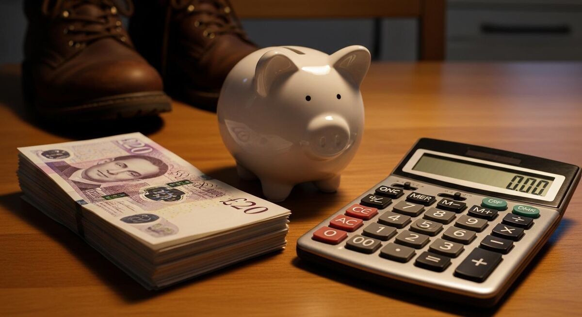 Stack of British twenty-pound notes next to a piggy bank and a calculator on a kitchen table