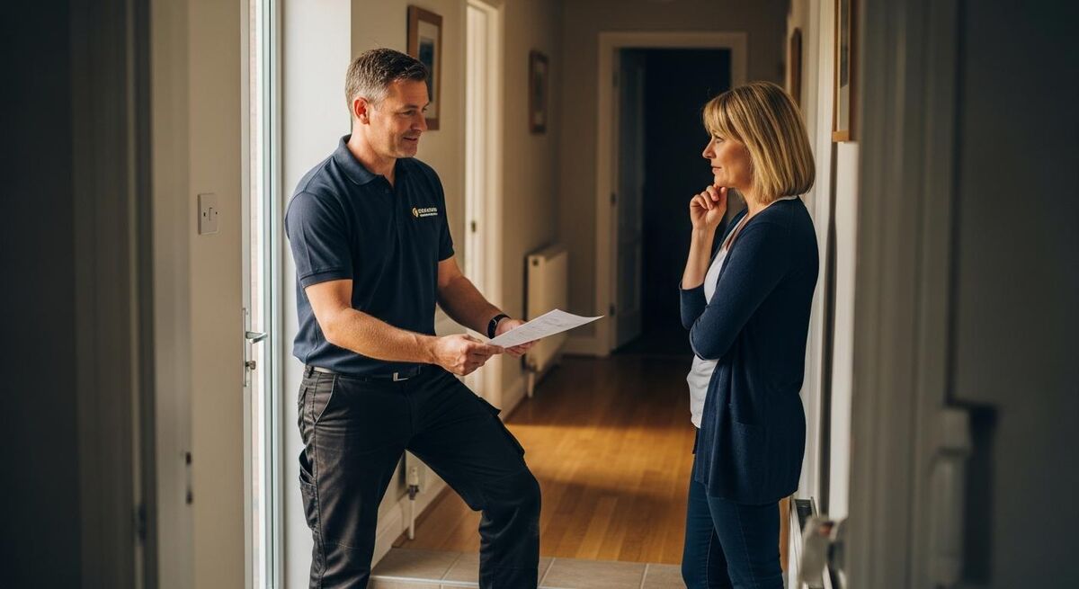 A UK heating engineer talking to a homeowner at her front door after finishing a boiler repair, leaving a single page comparison sheet