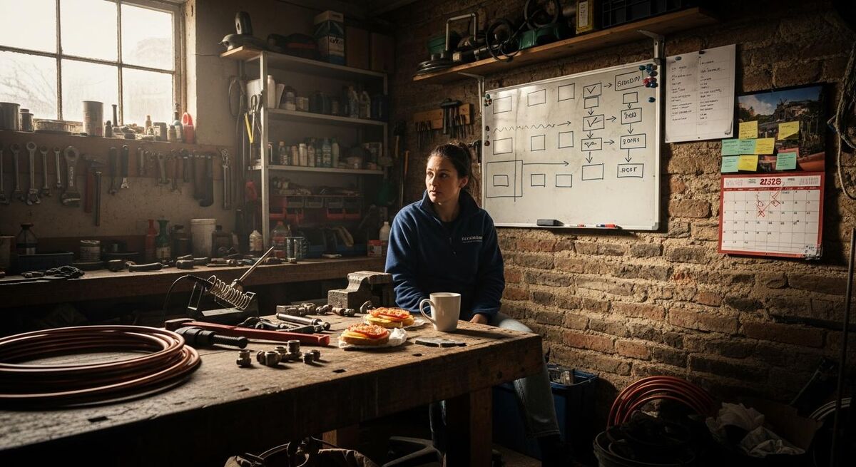 A small plumbing business owner reviewing a tablet showing recurring contract revenue in a UK workshop