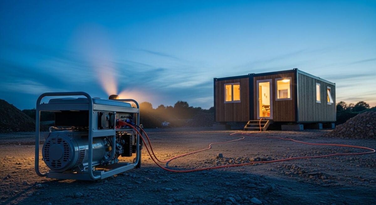 A small diesel generator running on a construction site at dusk, with extension leads running to a portable site cabin