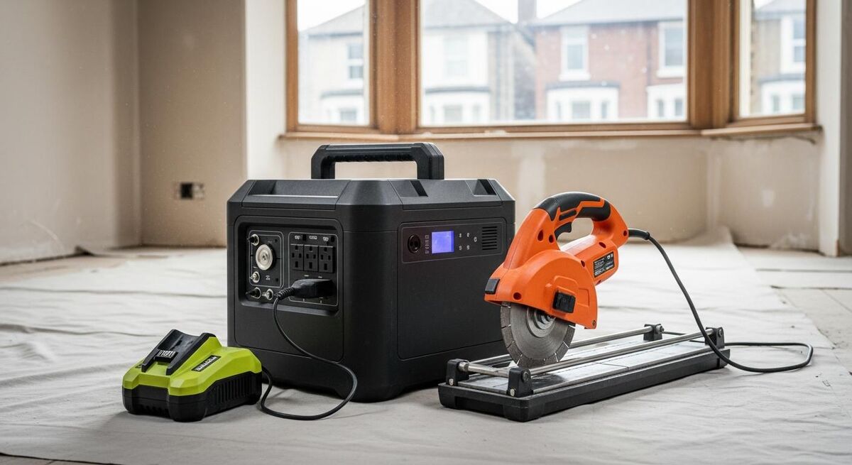 A large portable power station sitting on a job site floor, plugged into a tile cutter and a battery charger, with a roll of extension cable beside it