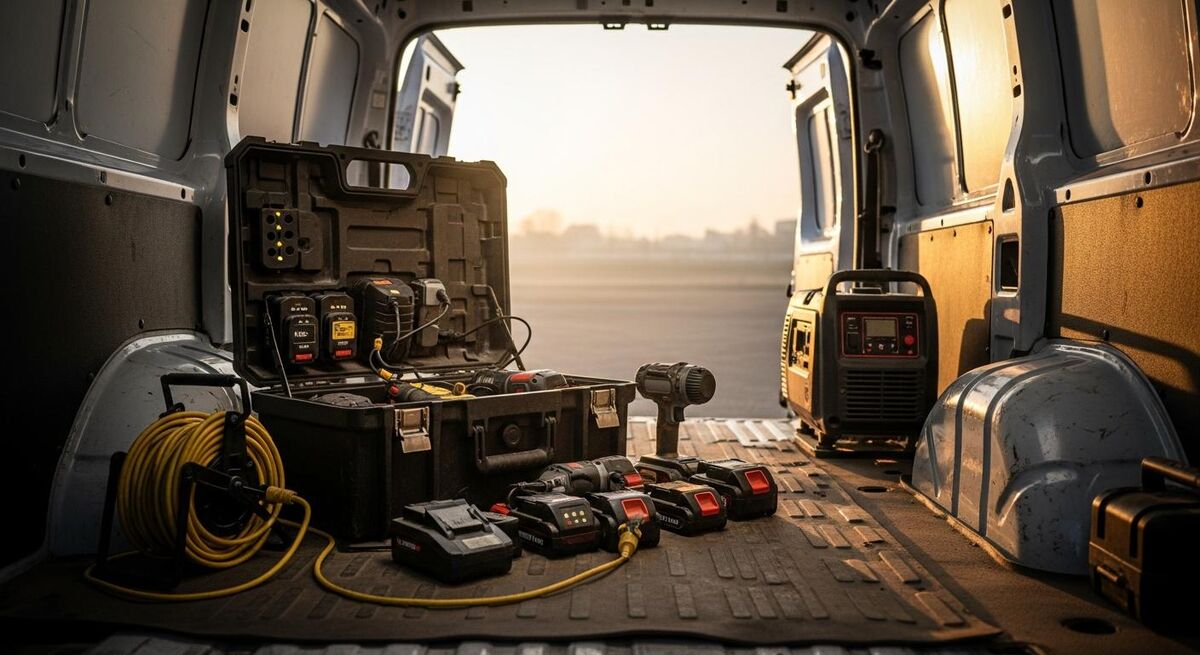 The back of a tradesperson's van at dawn, with an open tool case, cordless tool batteries on charge, an inverter generator, and a coiled extension lead