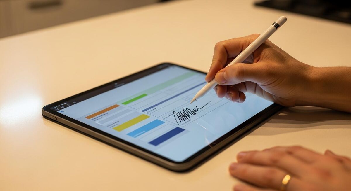 Close up of a customer signing a digital safety certificate on a tablet in a domestic kitchen