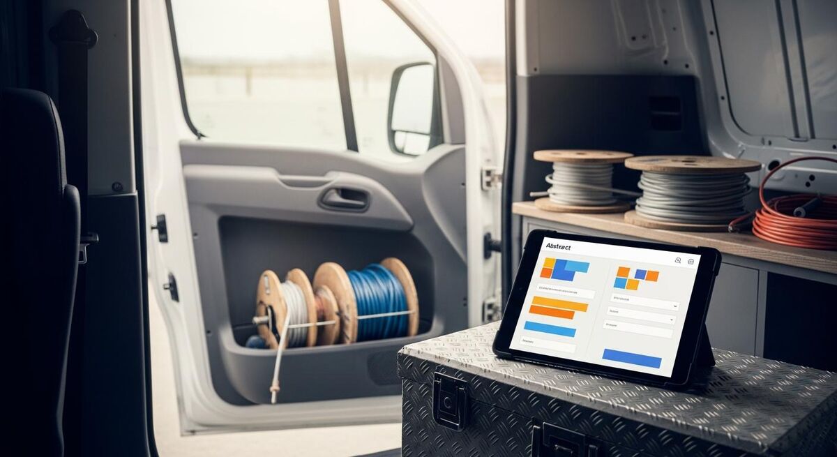 Gas engineer working in a van interior with a tablet open on a digital safety certificate