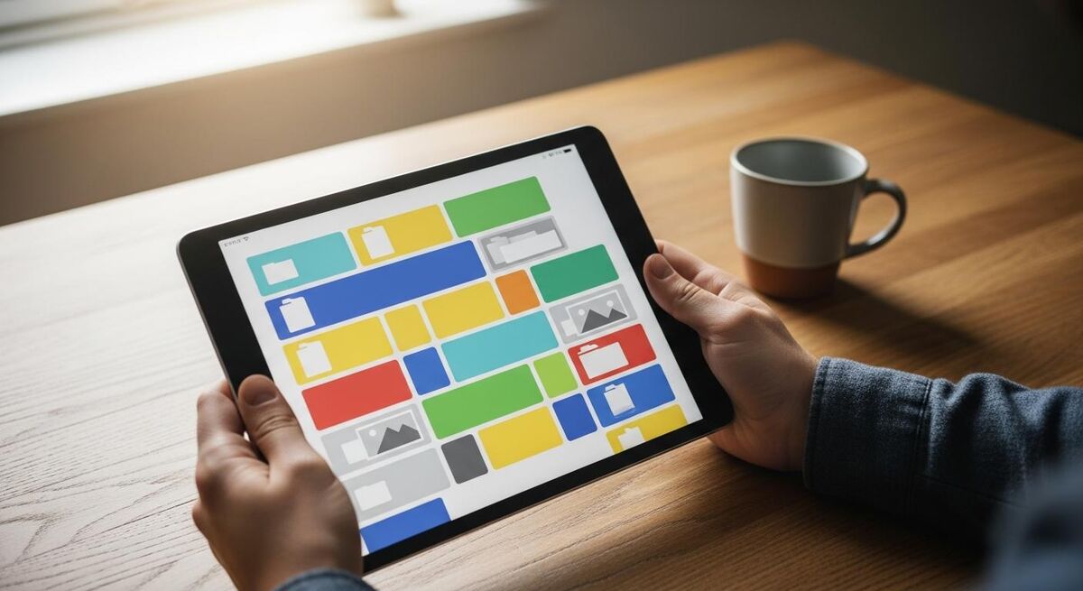 Tablet showing a shared cloud storage folder with job photos and PDF certificates