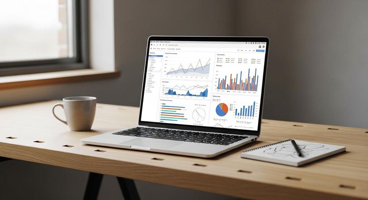 Laptop showing a financial dashboard with charts and numbers, sitting on a workshop bench beside tools