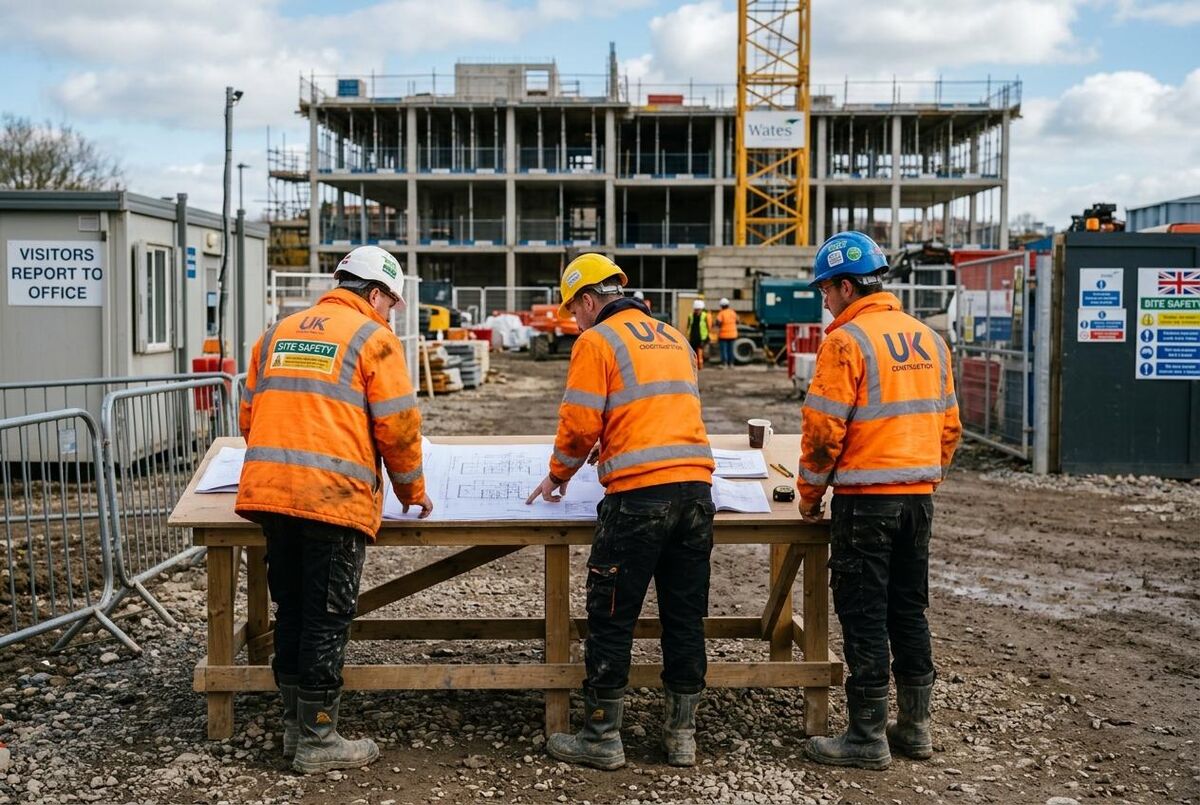 Construction workers in full PPE including hi-vis jackets and hard hats reviewing plans on site