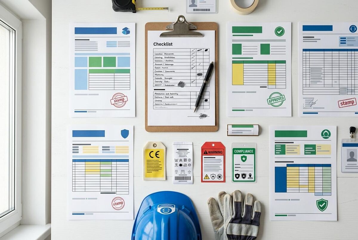 PPE certification documentation and rating labels arranged on a desk