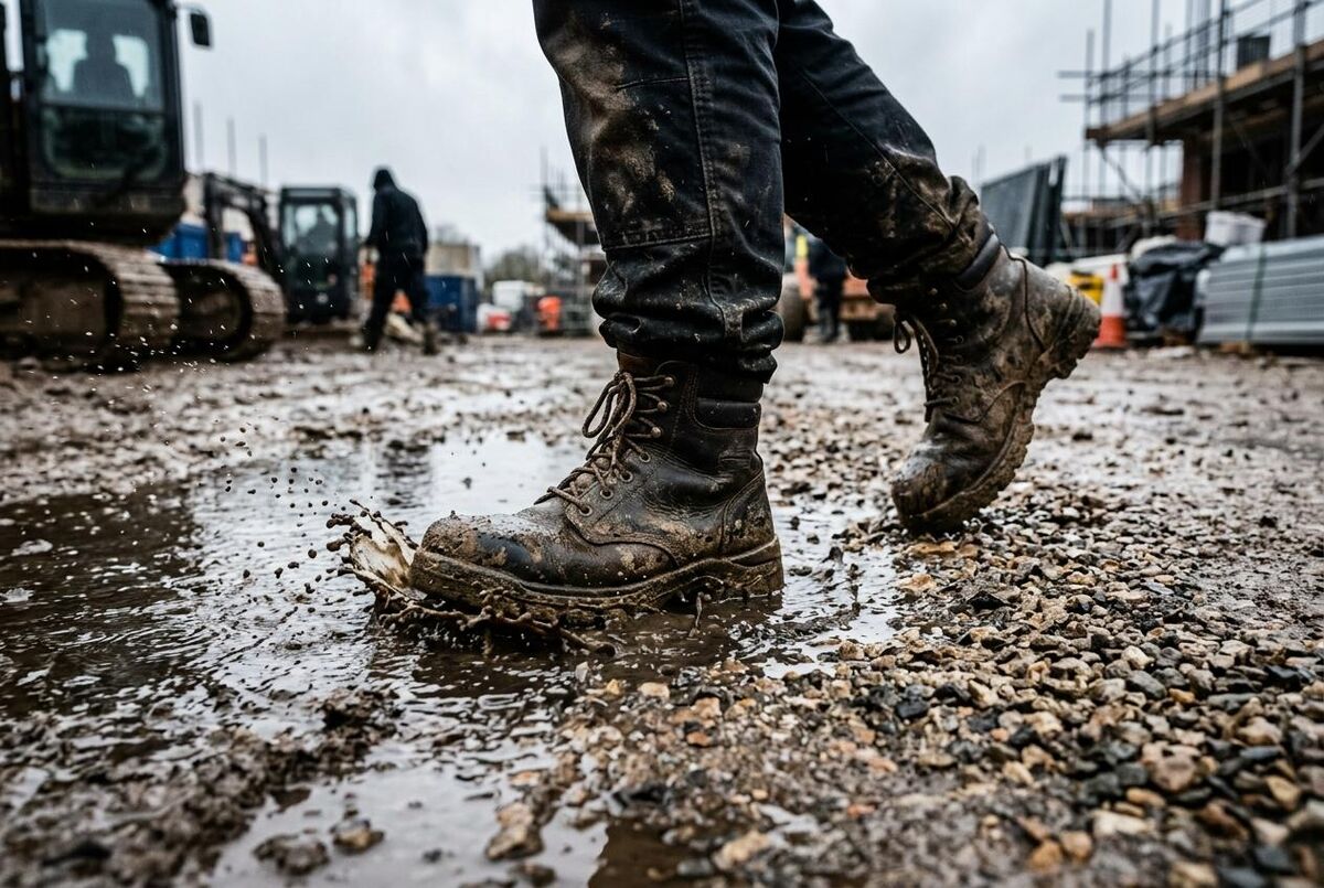 Steel-toecap safety boots on a wet construction site