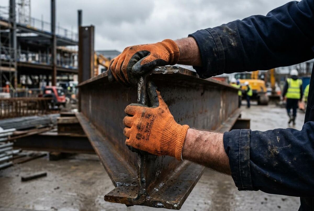 Cut-resistant work gloves gripping a steel beam on a construction site