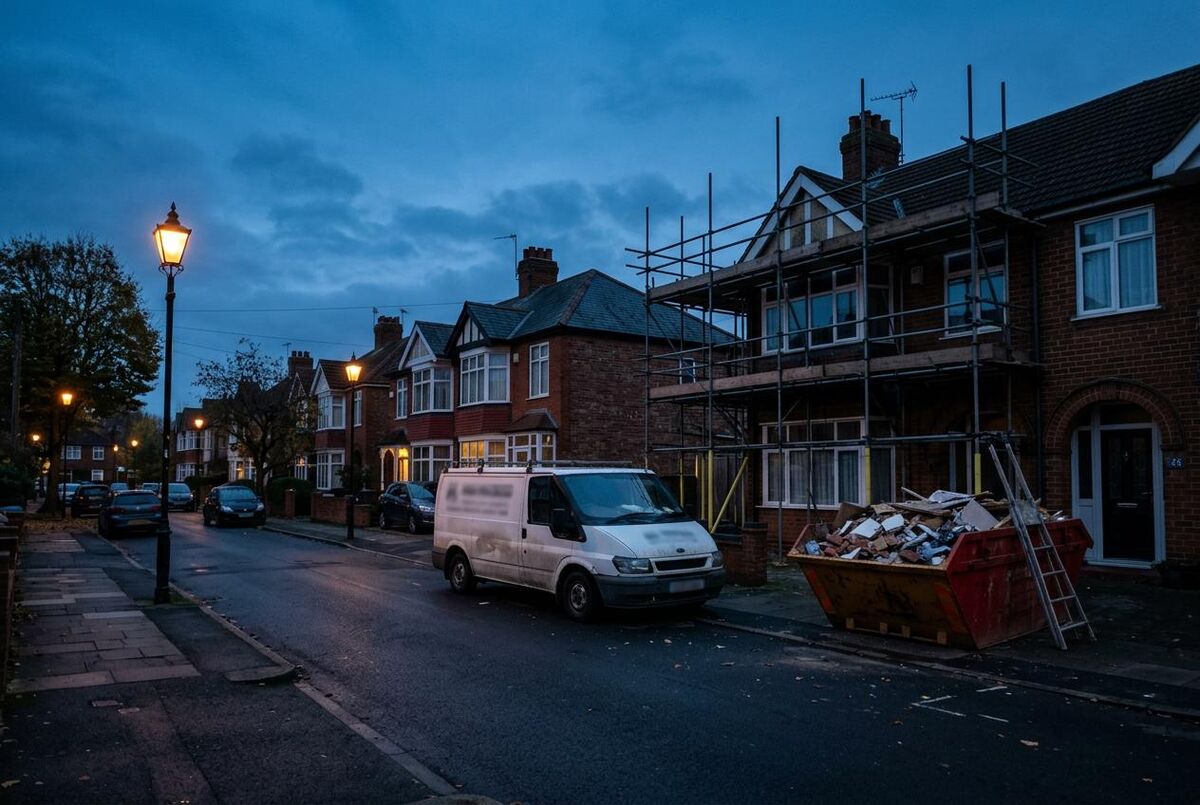 UK residential street at dusk with scaffolding, skip, and trade van