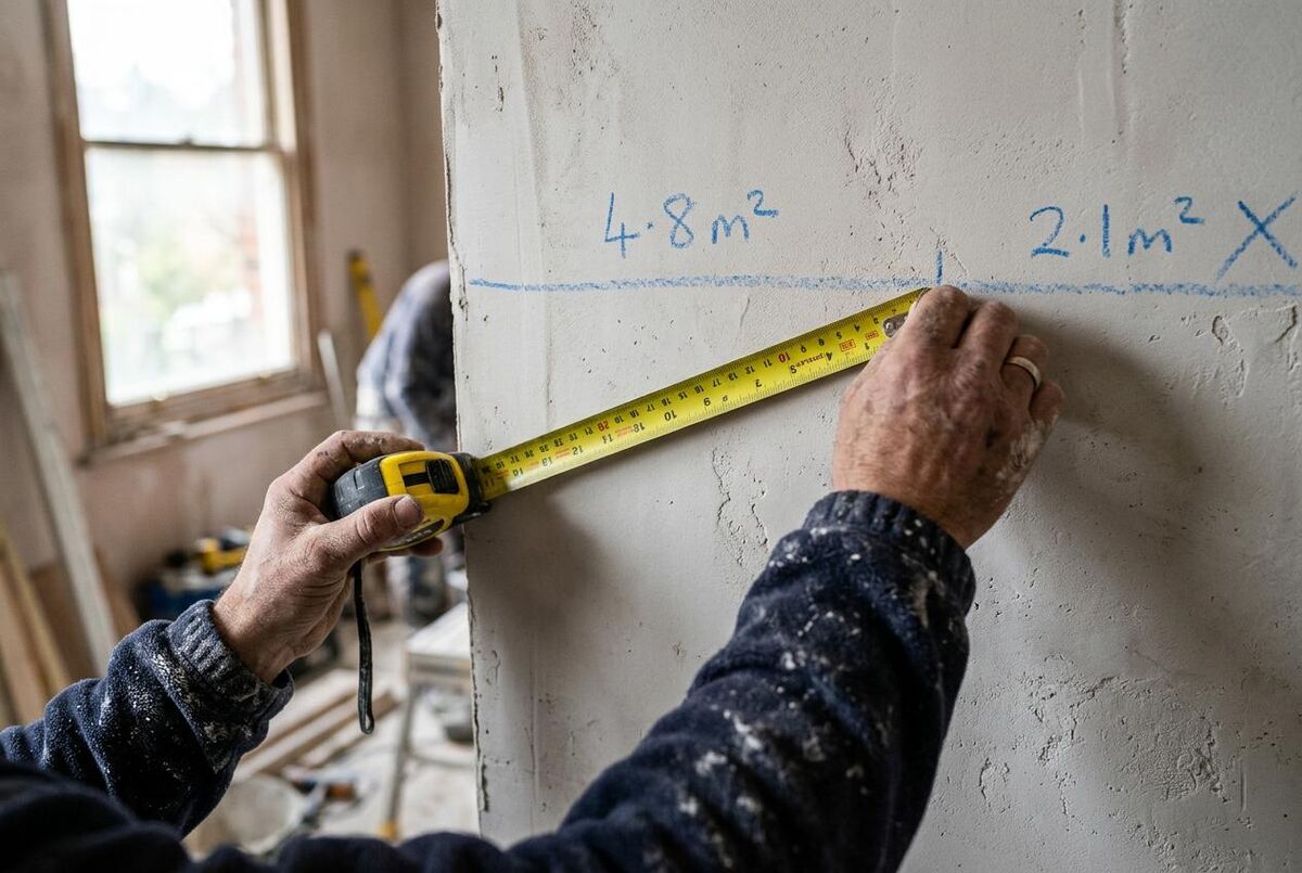 Tradesperson measuring a plastered wall with a tape measure showing square metre markings