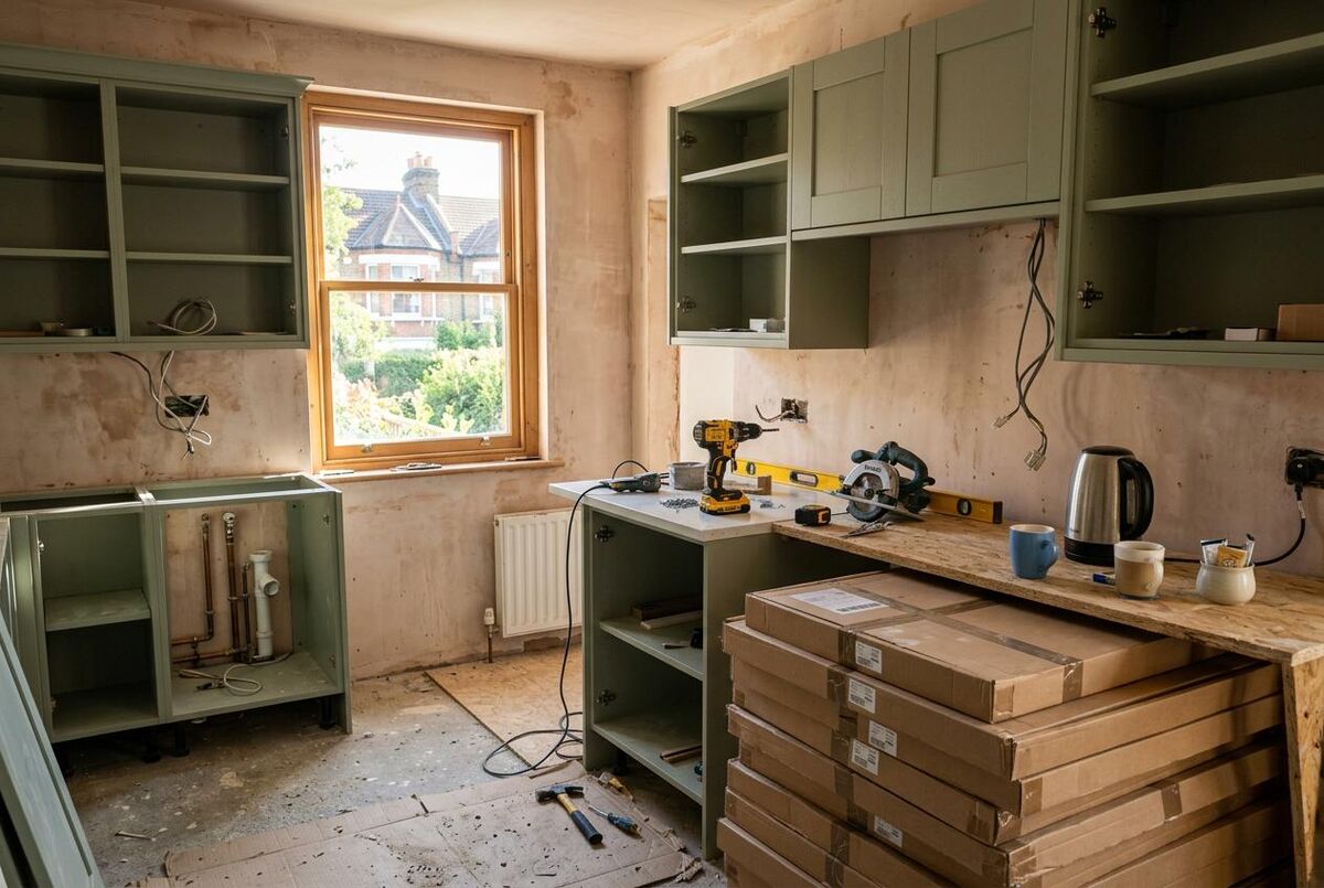 UK kitchen mid-renovation with half-fitted units and power tools