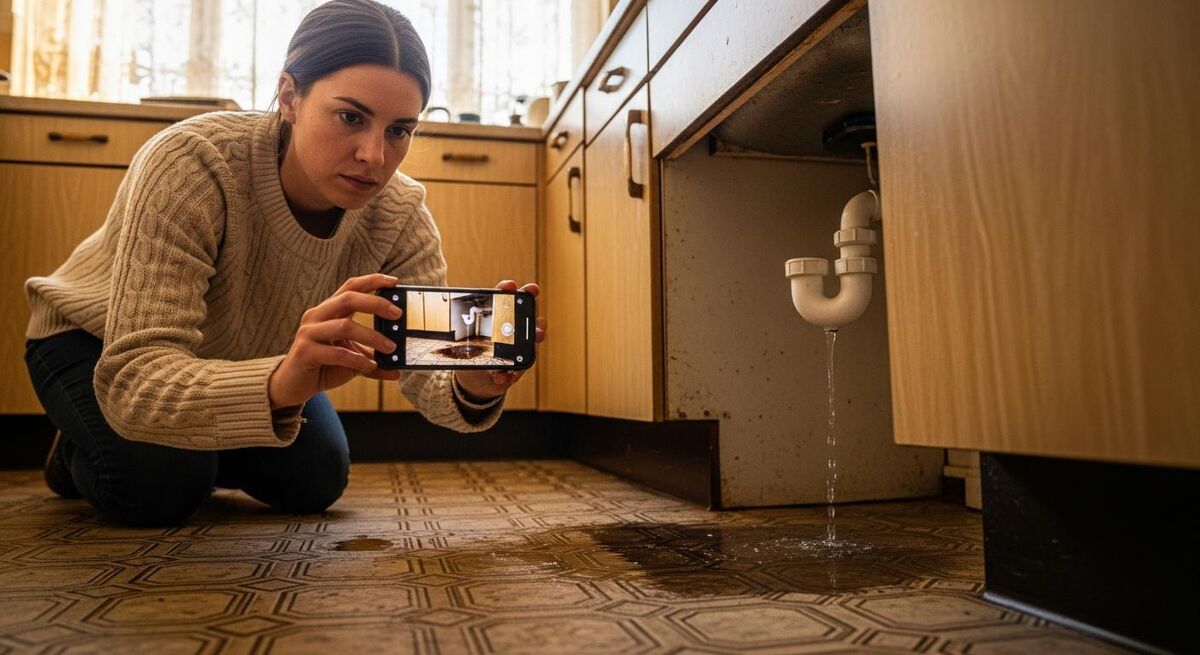 Tenant using a phone to report a leak via a picture-based maintenance portal in a kitchen.