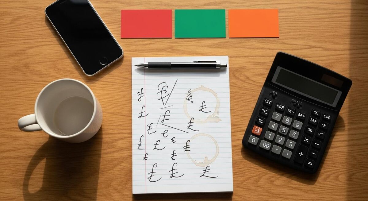 Notepad on a desk with rough pricing calculations for property maintenance software, a calculator and a coffee mug.