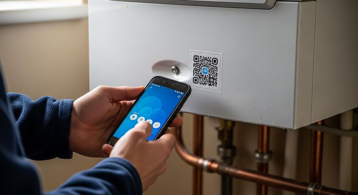 Gas engineer scanning a QR-tagged boiler on a social housing site, with compliance data syncing to a tablet.