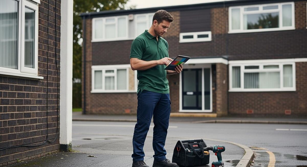 A property maintenance engineer logs a job update on a tablet outside a small block of flats.