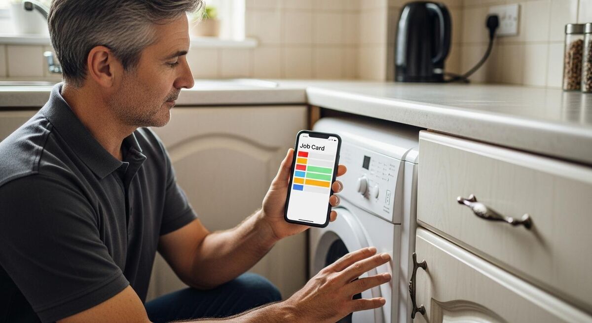 A plumber using a phone on a job, with a digital job card open showing photos and signature capture.