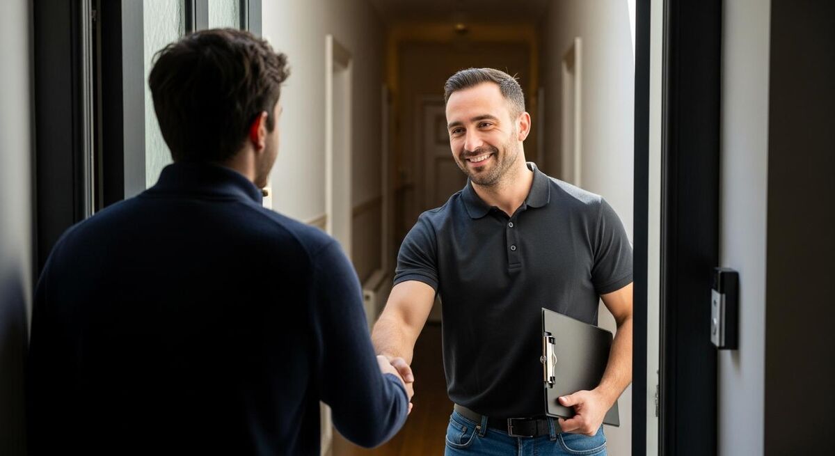 Tradesperson at a rental property door with a clipboard greeting a tenant