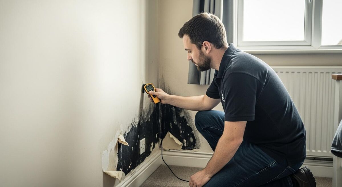 Damp specialist using a moisture meter on a wall in a rental flat