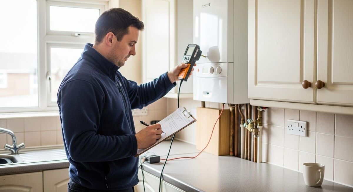 Heating engineer checking a boiler and writing notes in a property
