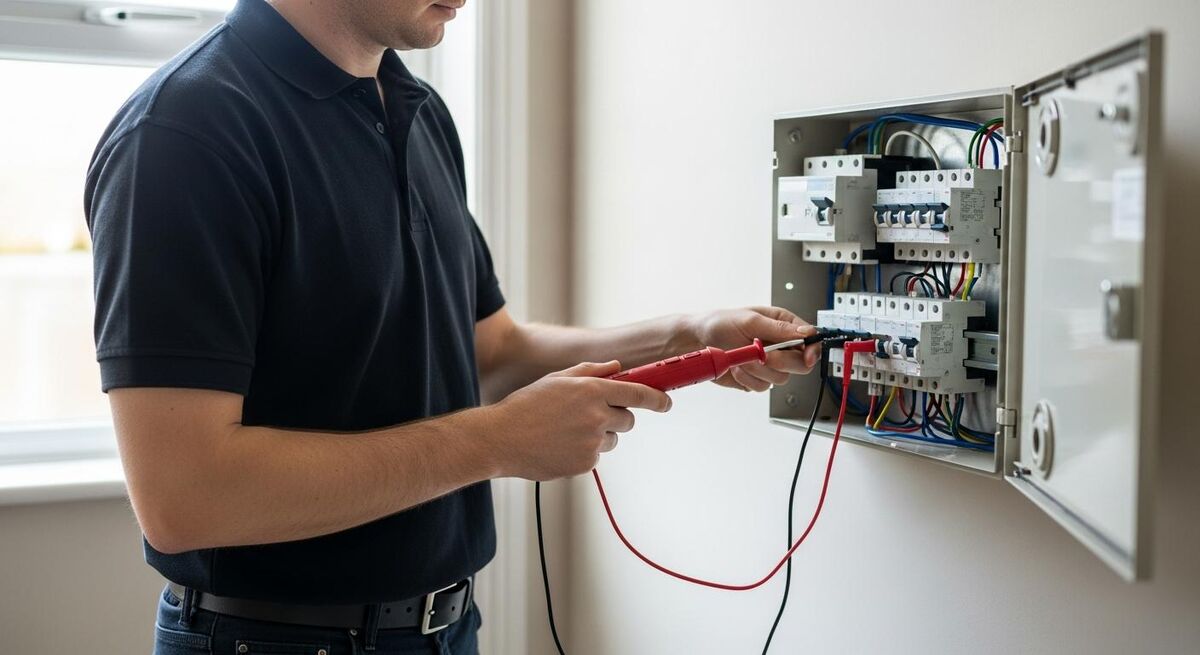 Electrician testing a consumer unit during an EICR inspection in a rental property