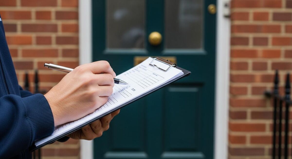 Engineer standing in front of a rented terraced house with paperwork on a clipboard