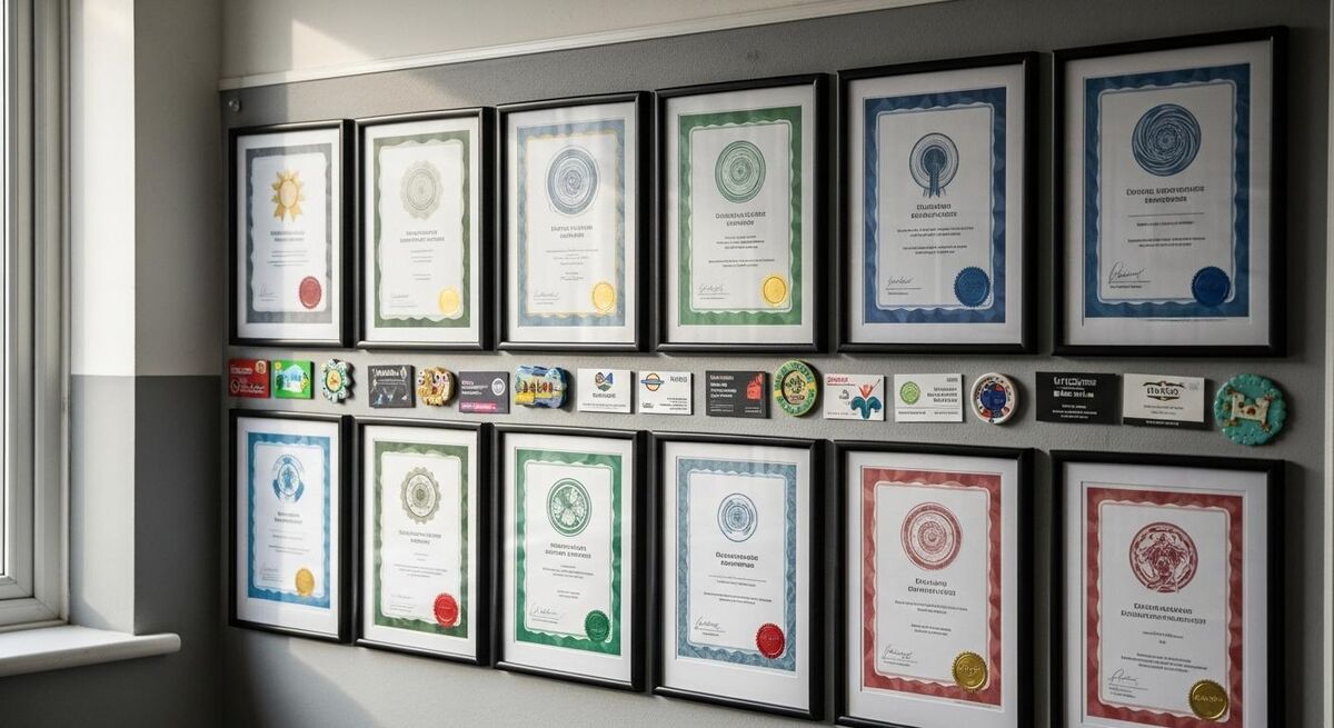 Office noticeboard displaying multiple accreditation certificates including safety and quality standards