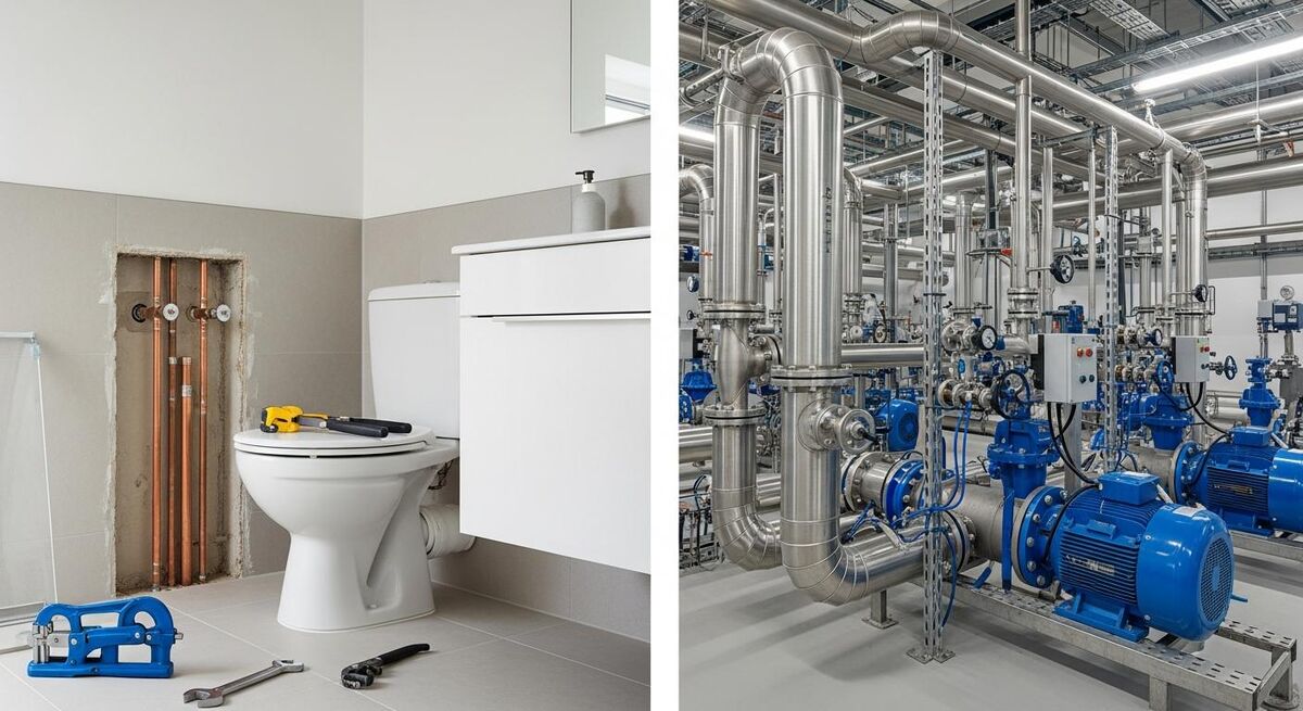 Split view showing a domestic kitchen installation on one side and a commercial plant room with industrial pipework on the other