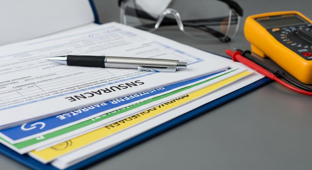 Close-up of business insurance documents and certificates spread across a workshop desk with a hard hat and safety glasses nearby