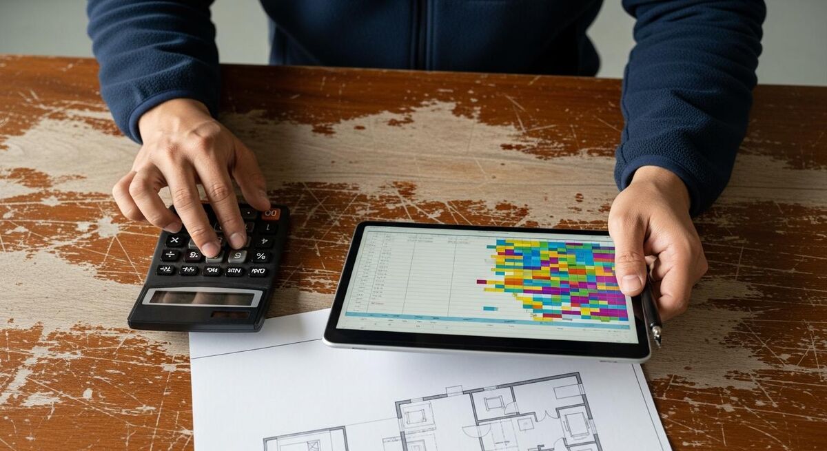Tradesperson reviewing project drawings and cost estimates on a tablet in a commercial building under construction