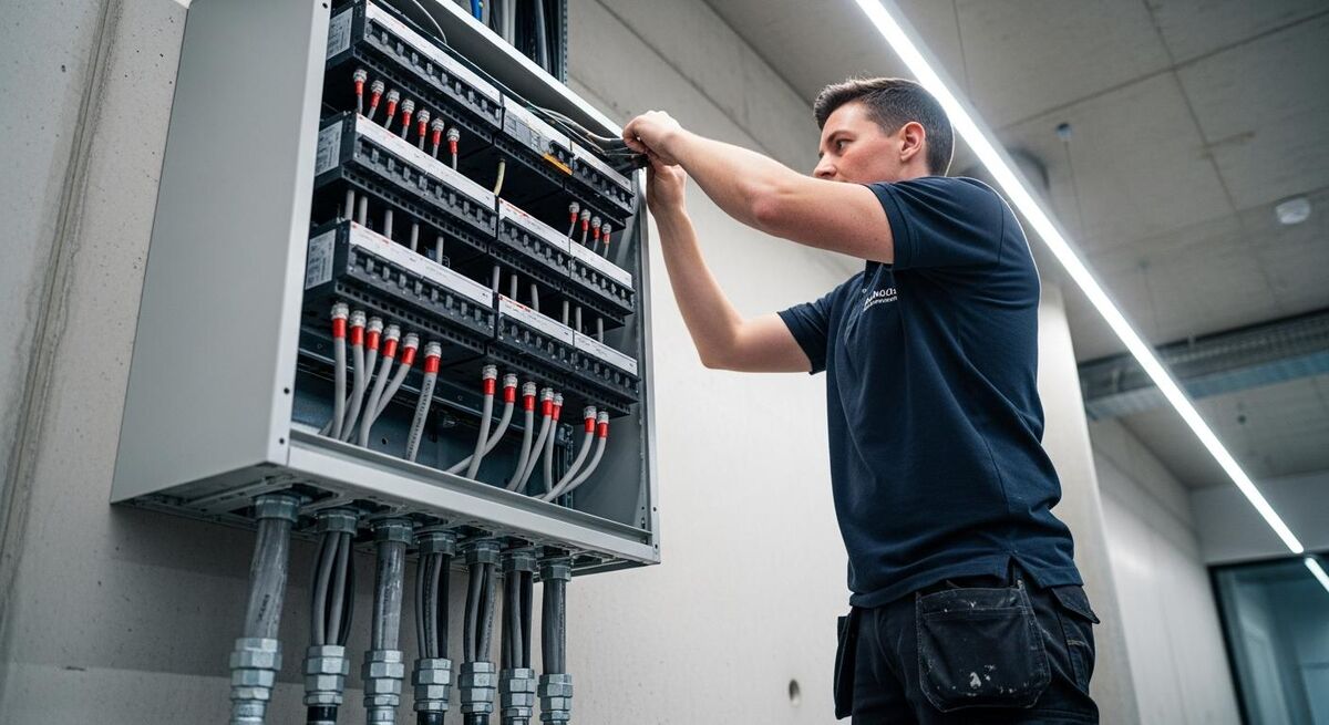 Electrician working on a large commercial distribution board in a newly fitted office building