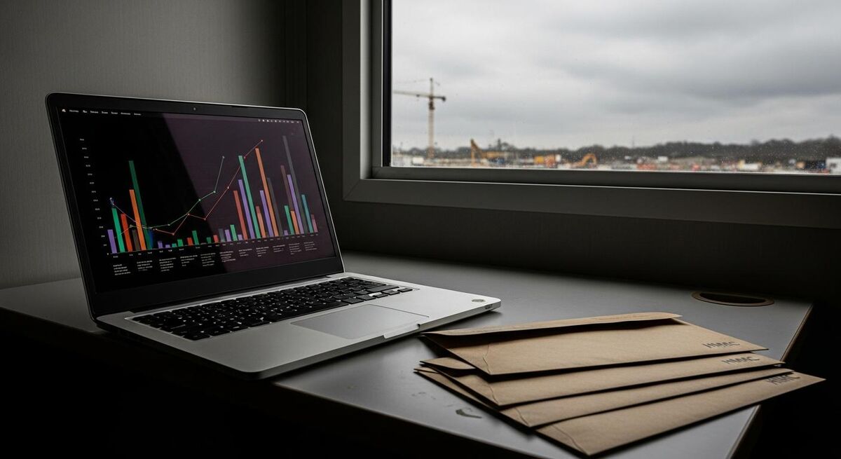 Close-up of payroll software on a laptop screen with abstract charts