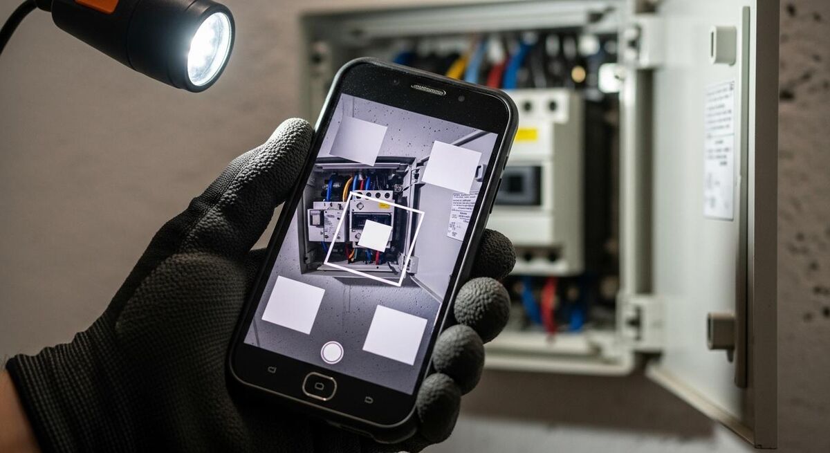 A rugged phone being used to photograph a junction box during installation