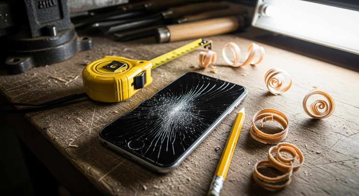 A cracked smartphone screen on a dusty workbench beside a tape measure and pencil