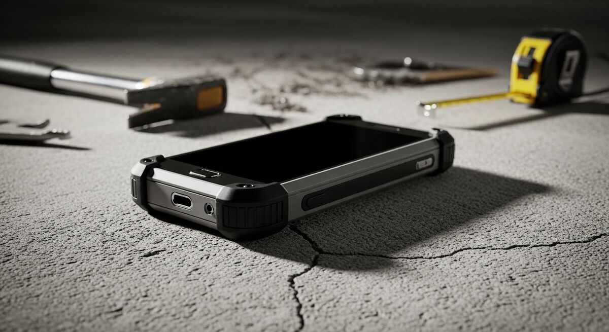 A rugged smartphone face-down on a concrete floor next to dropped tools