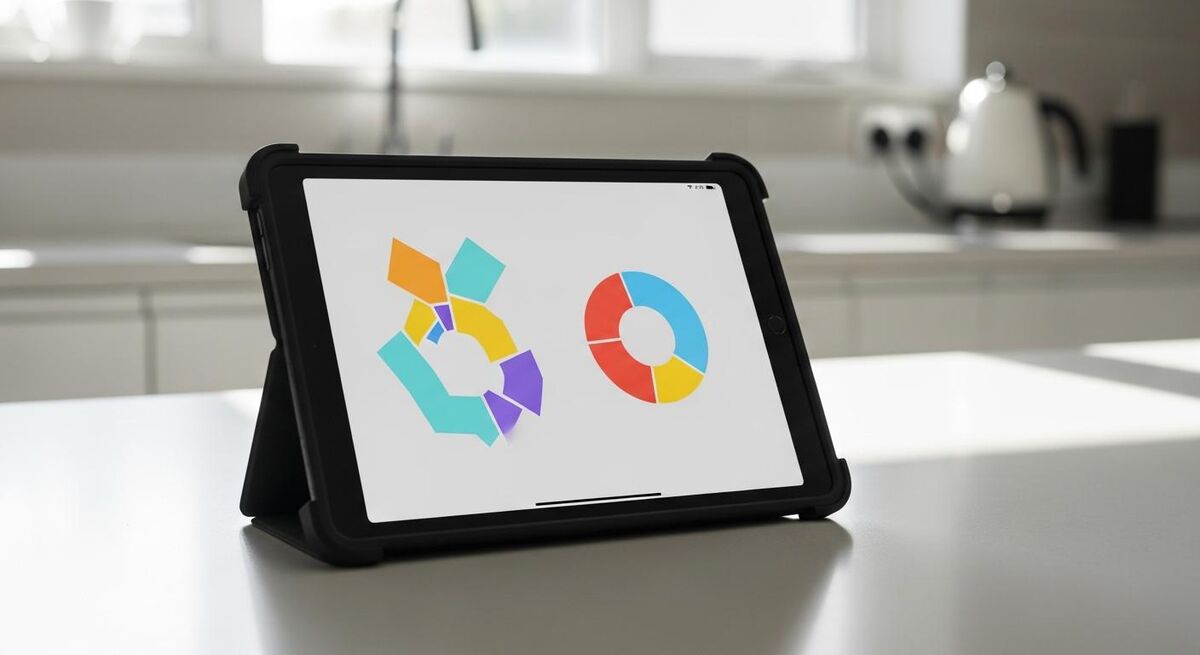 A rugged tablet propped on a kitchen worktop showing technical drawings during a planning conversation