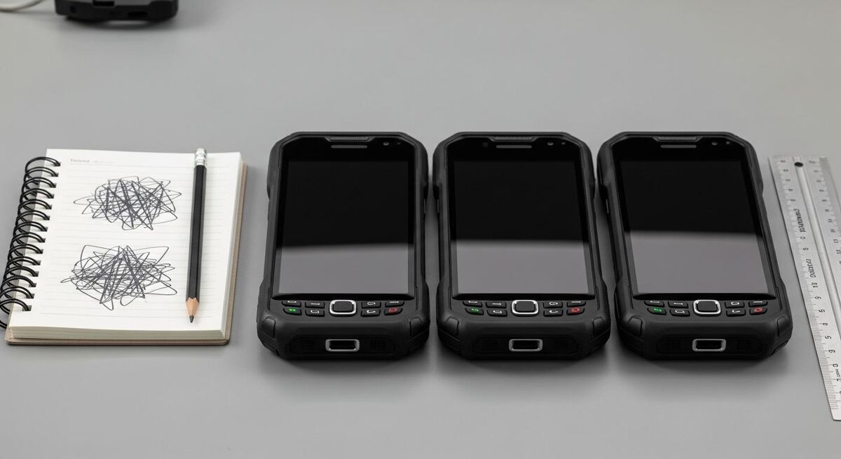 Three rugged smartphones lined up on a wooden workbench beside a notebook and pencil