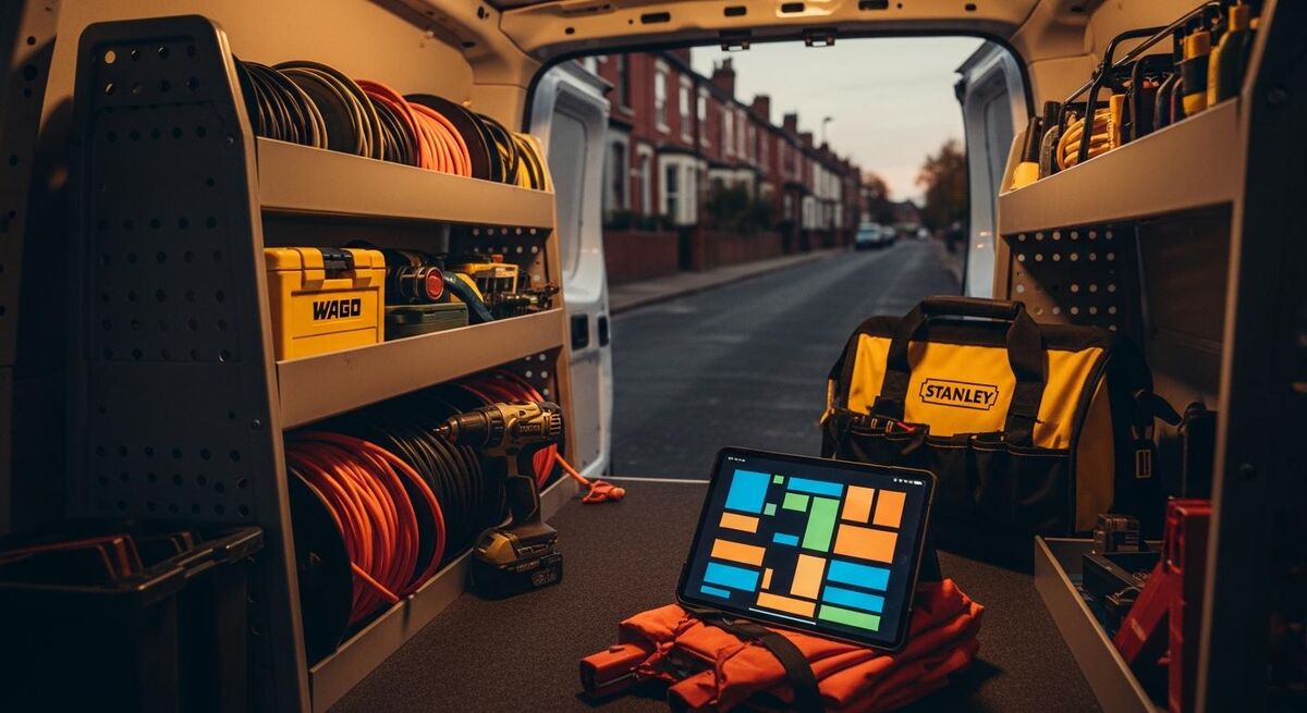 Trades engineer marking a job complete on a tablet in a customer's kitchen