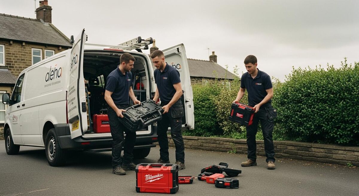 UK trades crew loading a sign-written work van on a residential driveway