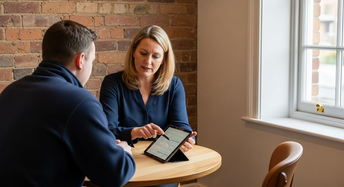 UK accountant in a brick-wall meeting room showing tax planning options to a tradesperson