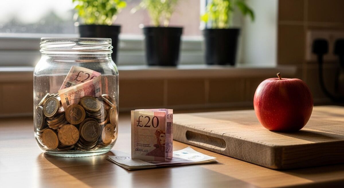Savings jar with British pound coins and twenty pound notes on a kitchen counter