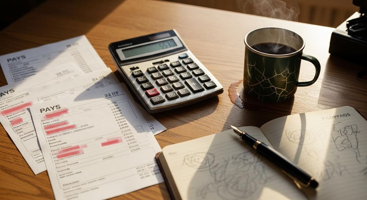 Calculator and payslips on a wooden desk in evening light
