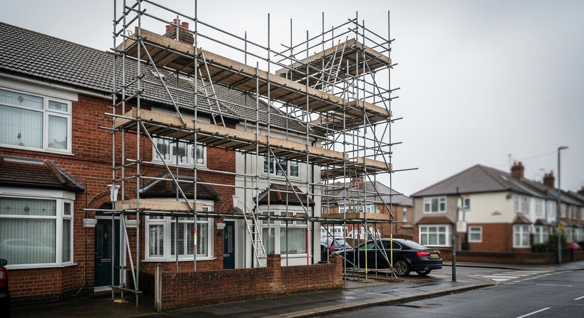 Construction site with erected scaffolding around a residential building