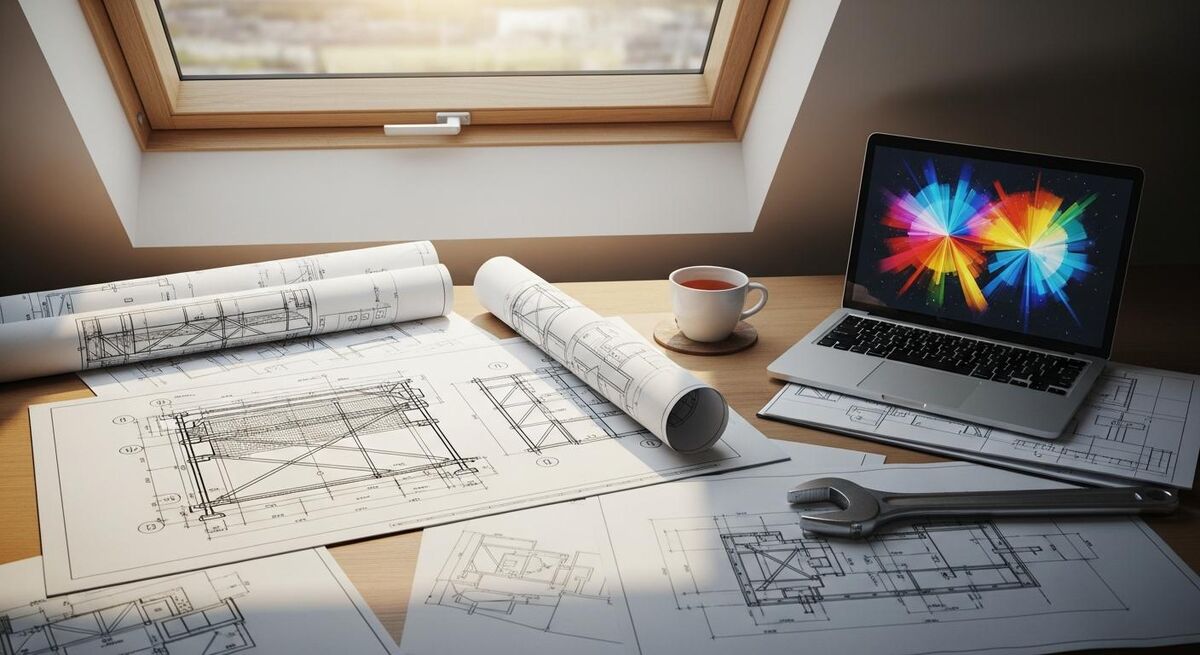 Scaffold design drawings and compliance documentation on a desk