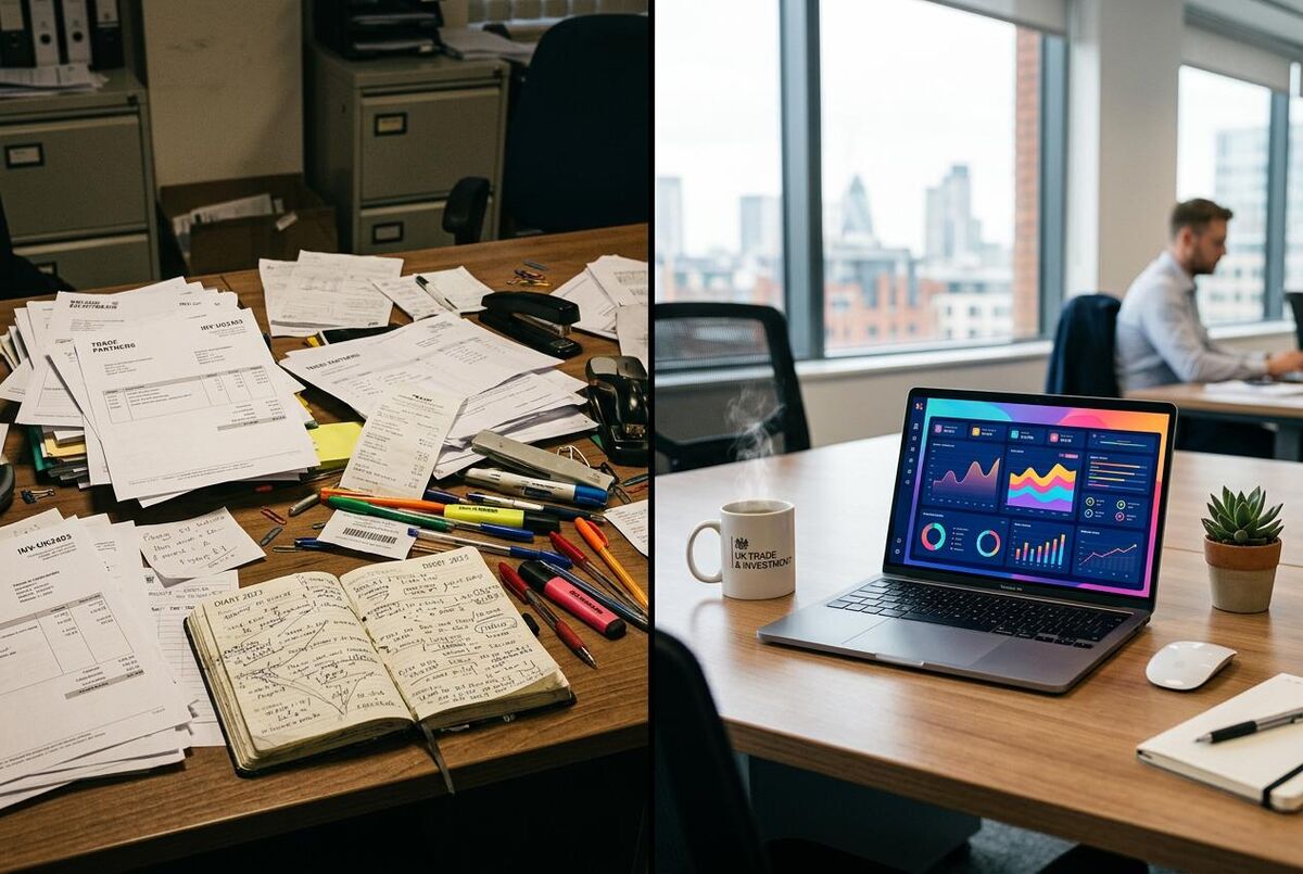 Split view showing messy paper desk versus clean digital workspace